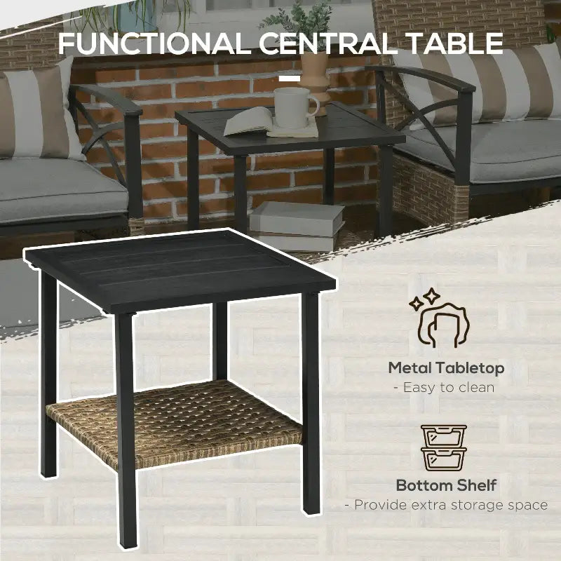 Square metal and wicker side table.