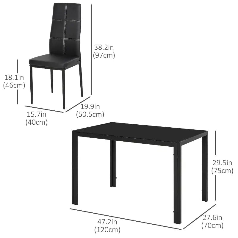 Black dining table and chair with dimensions.