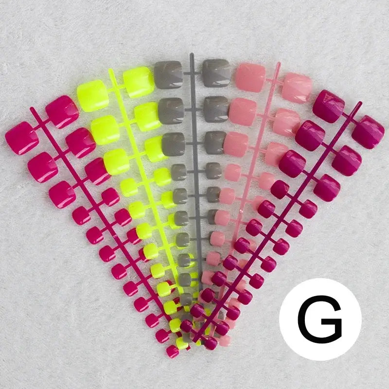 Colorful artificial toenail sets.