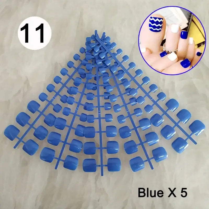 Blue artificial toenail set.