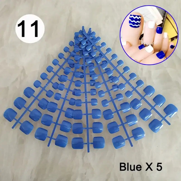 Blue artificial toenail set.
