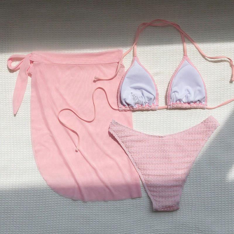 light pink Knit  Mesh Three-piece Bikini With Kimono