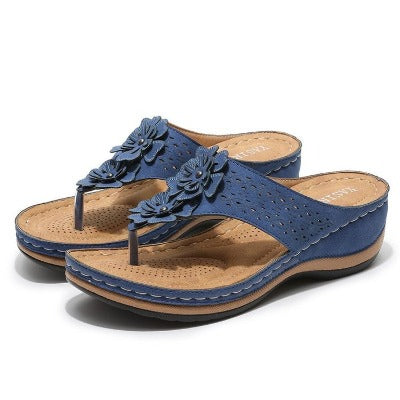 blue Casual Flip Flop Flat Flower Herringbone Sandals