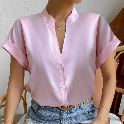 light pink Simple Solid Color And V-neck Button UP Blouse