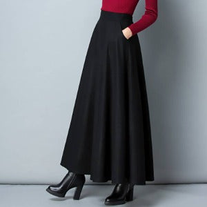 black Woolen Mid-length Swing Skirt