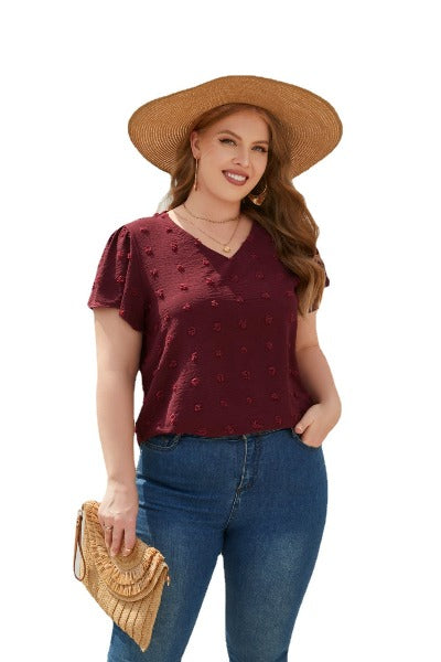 Vred wine v-neck Short Sleeve Plus Size Top