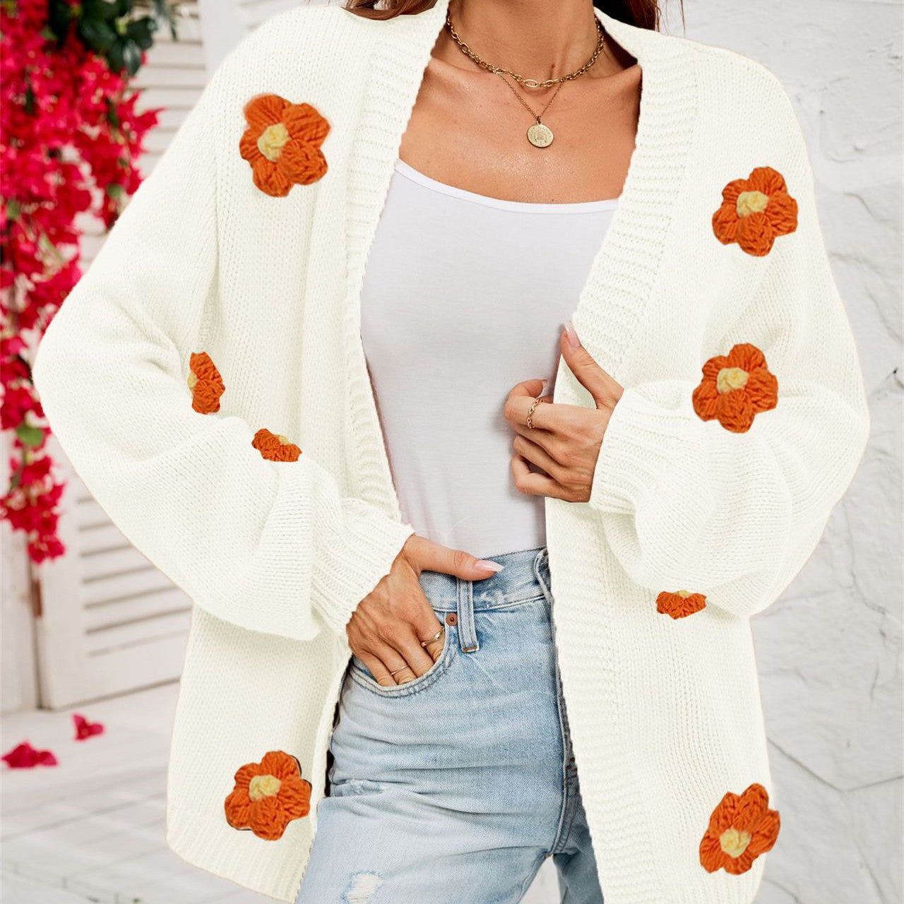 Casual Flower Cardigan Lantern Sleeve Sweater Coat