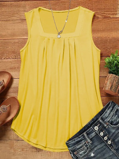 yellow Casual Pleated Square Collar Tank Top