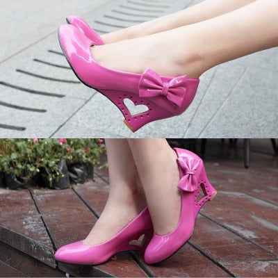 pink bow wedge cut out high heels shoes