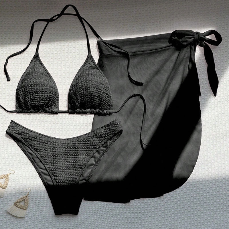 black Knit  Mesh Three-piece Bikini With Kimono