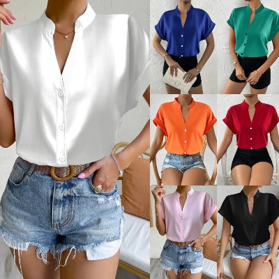 Simple Solid Color And V-neck Button UP Blouse