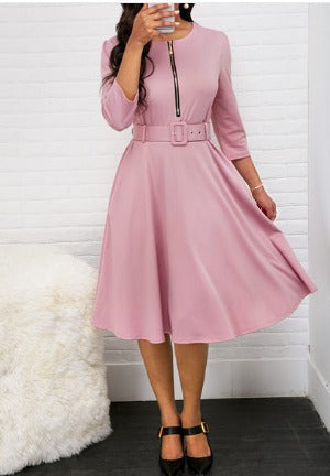 Zipper Mid-Length-Sleeved Dress - Stylish Fall Fashion