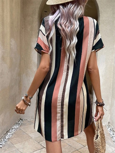 pink white blue striped shirt dress