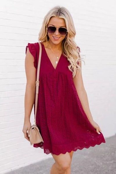 red wine Lace Dress With Pockets