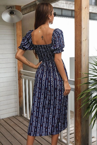 navy Summer New Style Printed Puff Sleeve Dress