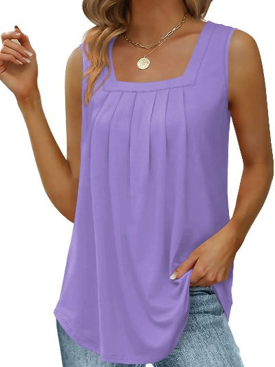 purple Casual Pleated Square Collar Tank Top