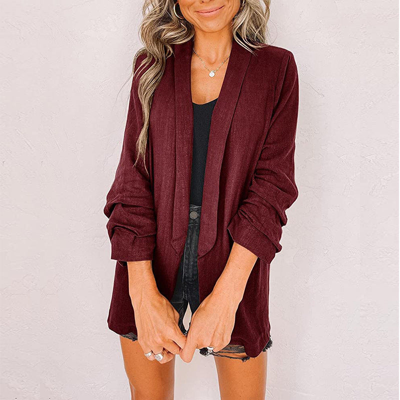 wine red Solid Color Fake Pocket Blazer