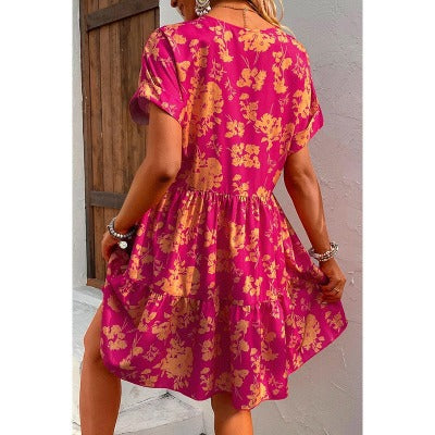 hot pink New Floral Print Short Sleeve Dress