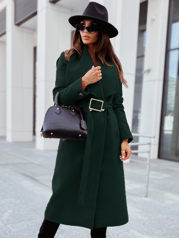 dark green Autumn And Winter Long Sleeve Button Woolen Coat