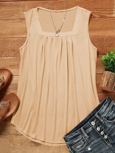 Casual Pleated Square Collar Tank Top