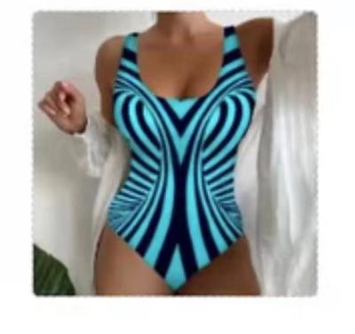 blue One-piece Striped Printed Swimsuit