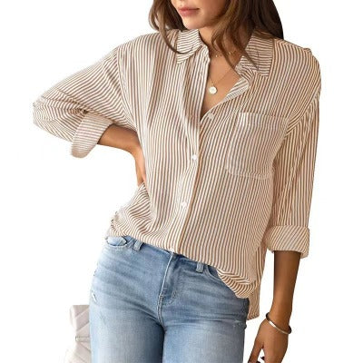 beige Women's Striped Loose Casual Blouse/Shirt