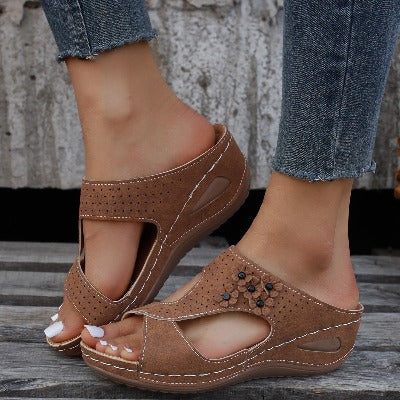 brown Hollowed Out Solid Color  Wedge Sandals