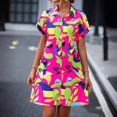 bright multi color New Floral Print Short Sleeve Shirt Dress