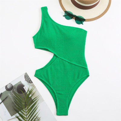 green One Shoulder One Piece Swimsuit