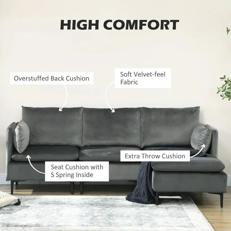 Modern Grey L-Shaped Couch with Ottoman featuring plush cushions and ample cushion size
