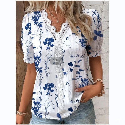 V Neck Lace Printing Top