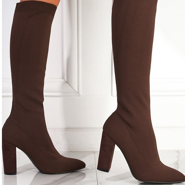 Autumn And Winter  Pointed Toe Chunky Heel Stretch Boots