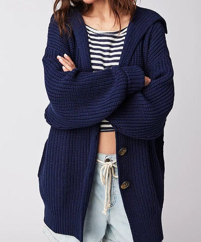 Women's Lapel Pocket Knitted Button Mid-length Coat Cardigan