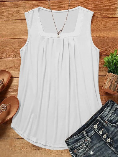 white Casual Pleated Square Collar Tank Top