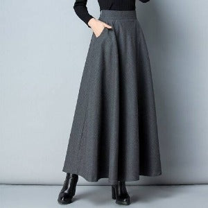 grey Woolen Mid-length Swing Skirt