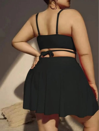 black plus size bikini with swim skirt