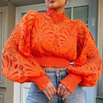 Orange Lace Hollow-out Top - Stylish Fashion