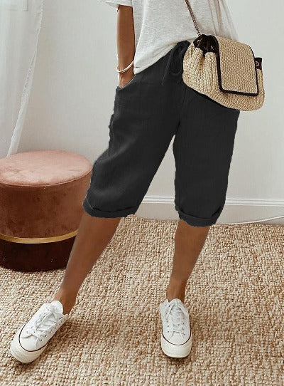 black Cotton And Linen Pocket  Casual Bermuda Shorts