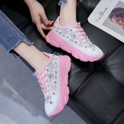 pink flower mesh Mesh Rhinestone Platform Sneakers