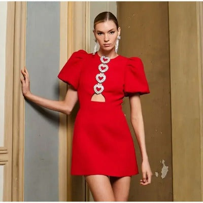 red Ladies Bow Puff Sleeve Dress