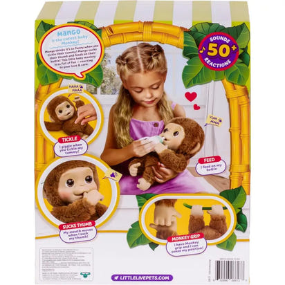 Box of a toy monkey with interactive features and a girl playing with it.