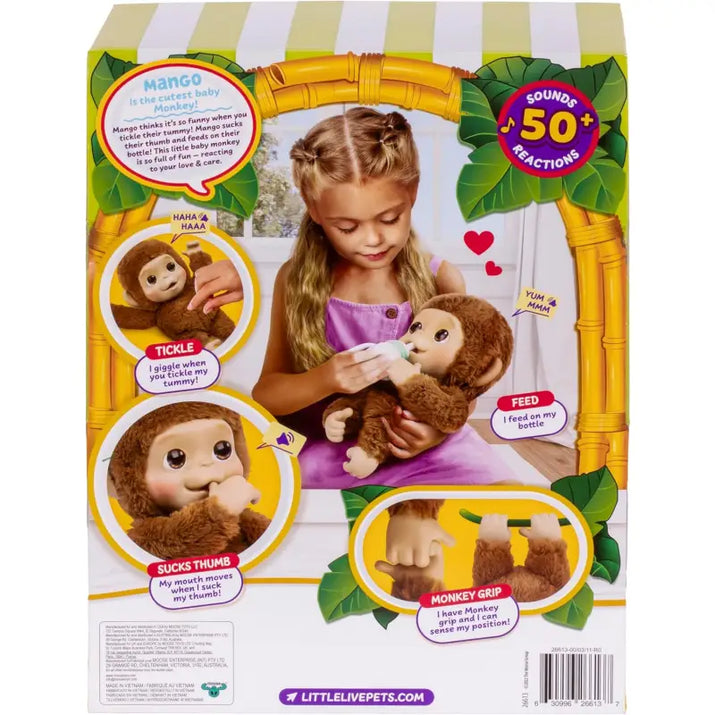 Box of a toy monkey with interactive features and a girl playing with it.