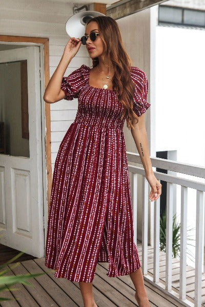 wine red Summer New Style Printed Puff Sleeve Dress