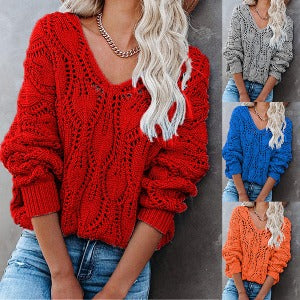 Knit Sweater - Hollow V-neck for Comfort and Style