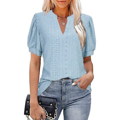 V-neck Solid Color Hollow Bubble Sleeve Loose T-shirt