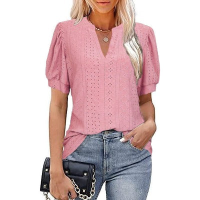 pink V-neck Solid Color Hollow Bubble Sleeve Loose T-shirt