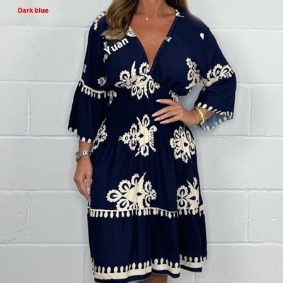 Fashion V-neck Printing Midi Dress