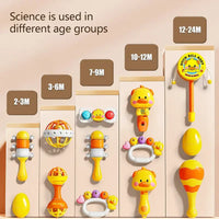 Set of baby toys with age recommendations on a beige background