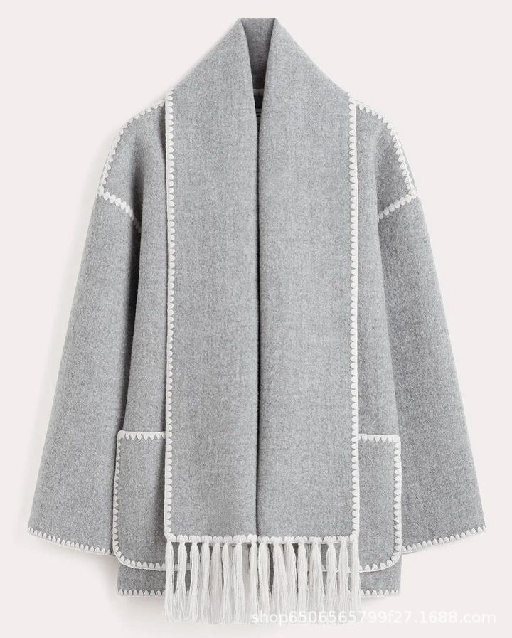 Thickened Woolen Coat with Scarf Tassel - Cozy Styles for Fall