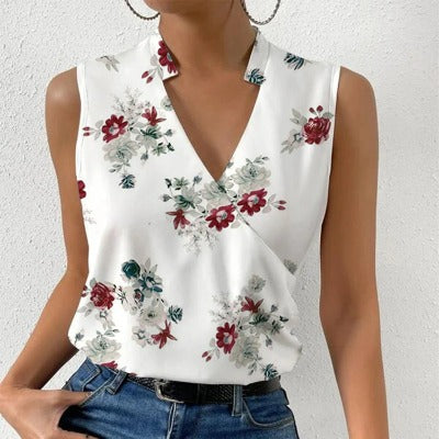 red flower Casual Printed Summer V-neck Tank Top